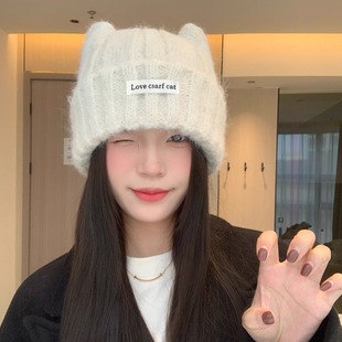 可爱猫耳帽子女款2025新款冬季大头围显脸小适合方羊毛混纺pp