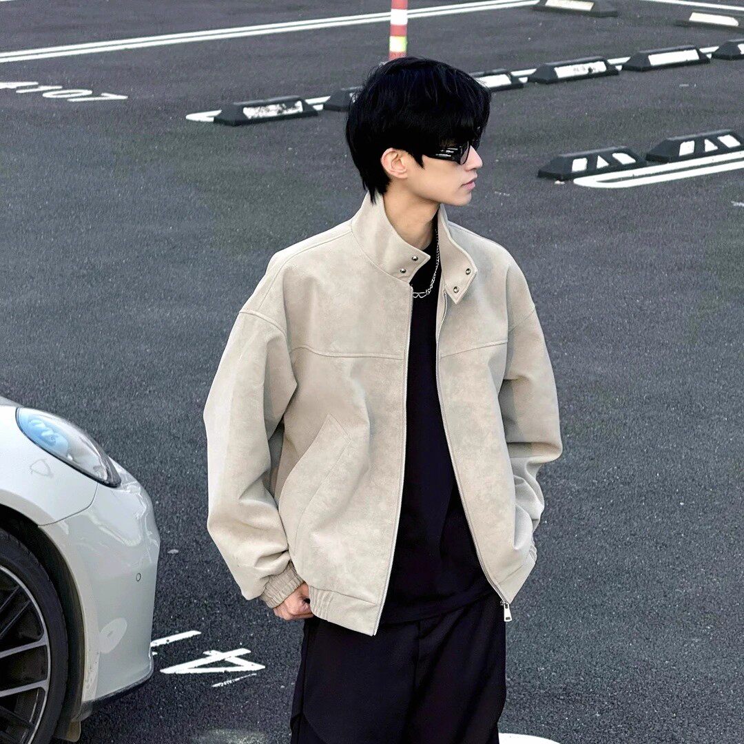 美式复古扎染PU皮夹克男高级立领机车外套春秋痞帅情侣潮流上衣PP