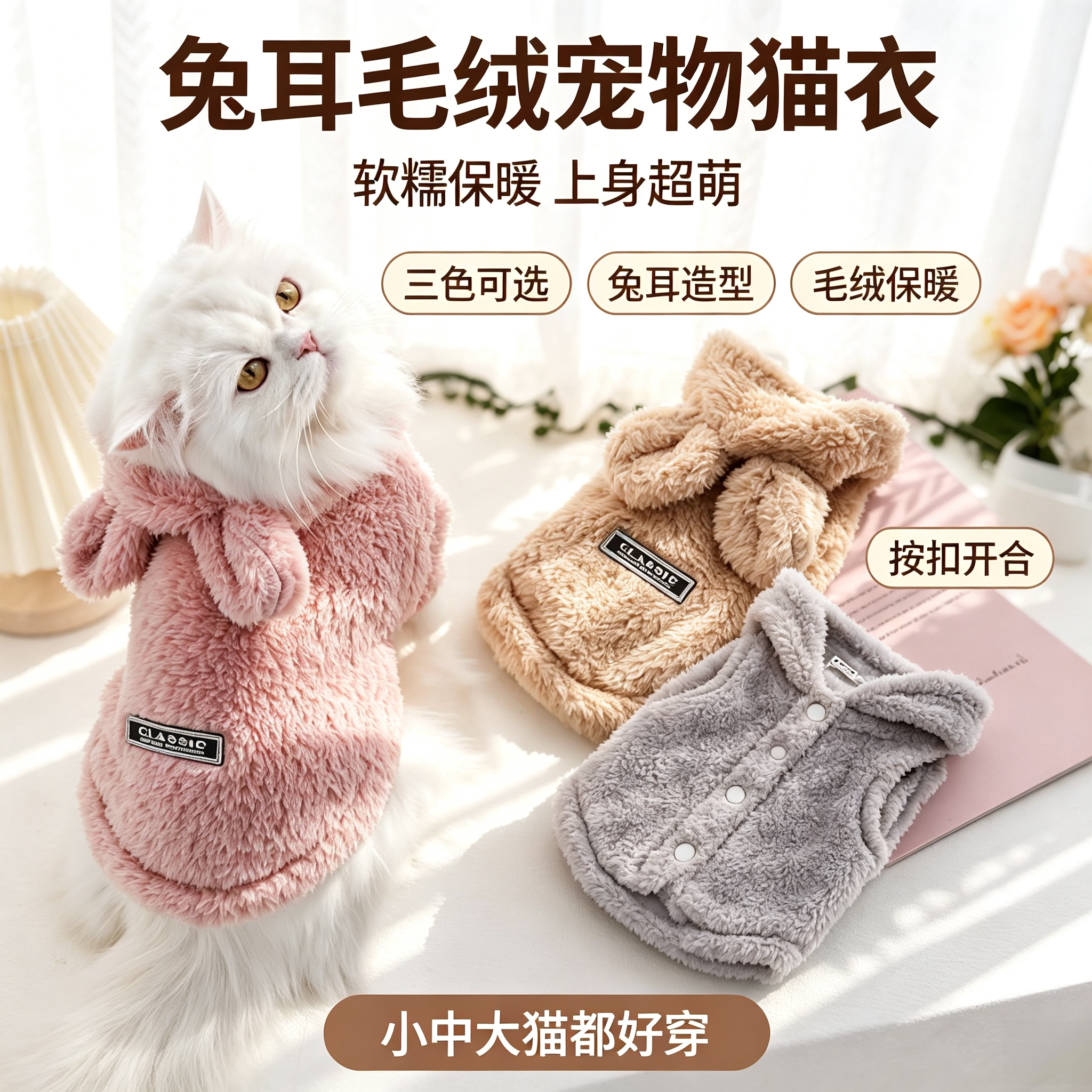 兔耳毛绒宠物猫衣秋冬连帽保暖软糯猫咪服装加绒保暖连帽衣狗衣服