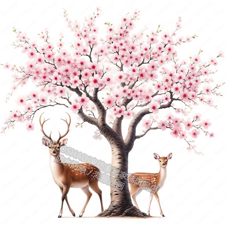 一鹿生花唯美风景贴画福禄随行卡通贴画客厅卧室餐厅自贴墙画遮丑