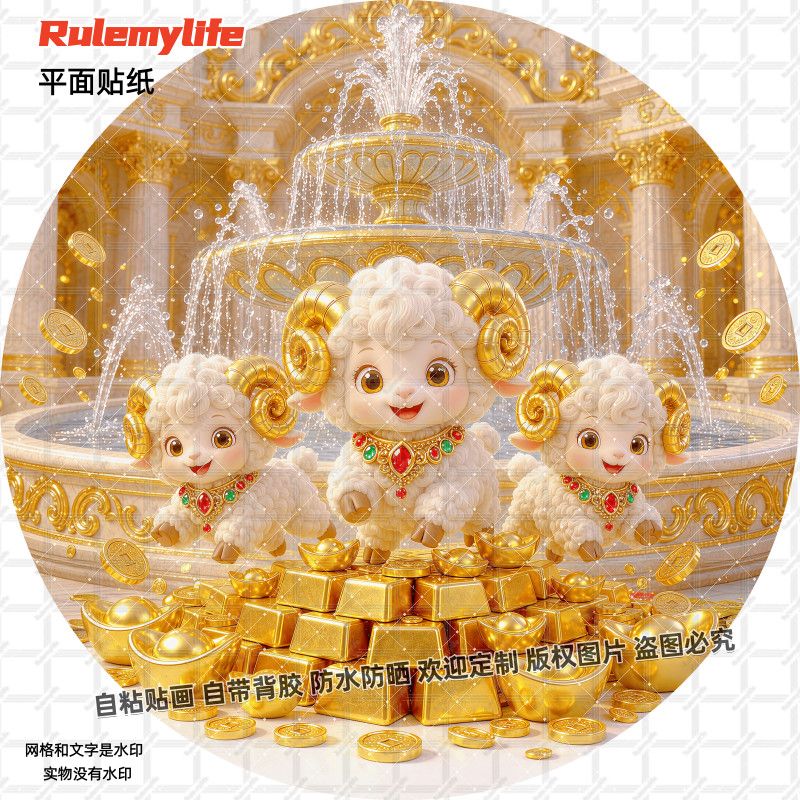 招财吉祥喜羊羊圆形贴纸三羊开泰自粘装饰防水贴画贴墙上玻璃客厅