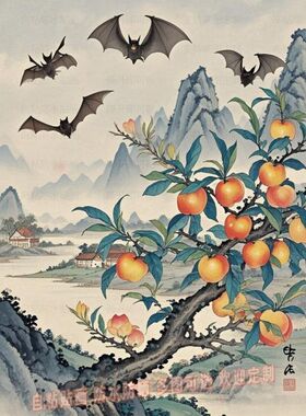 蝙蝠送福进家门国风画自粘贴画客厅玄关墙面冰箱汽车装饰自粘贴画