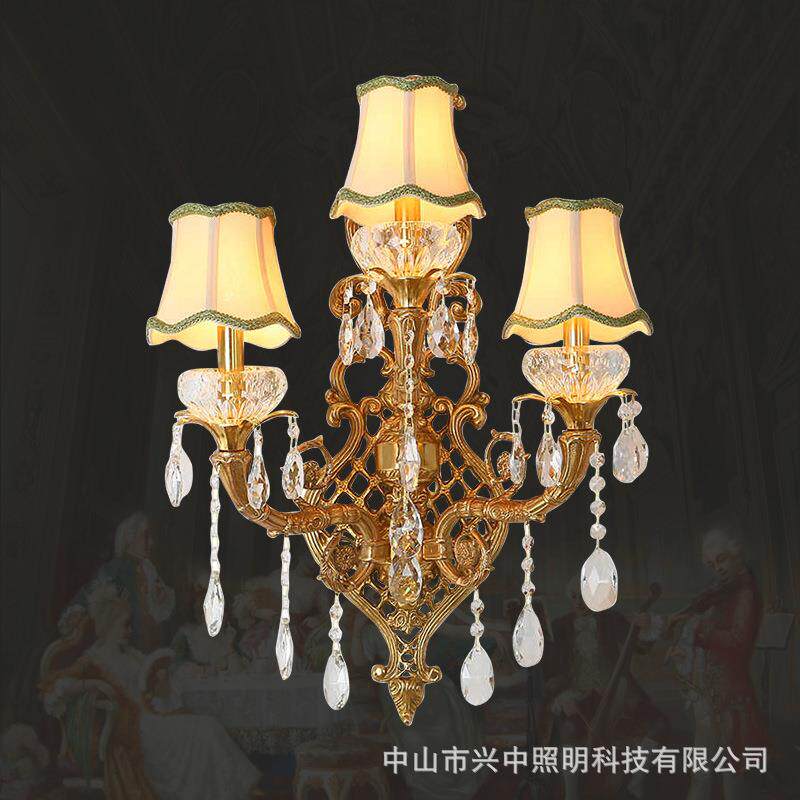 法苑法式全铜水晶壁灯欧式客厅卧室走廊餐厅玄关创意过道三头墙灯