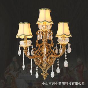 法苑法式全铜水晶壁灯欧式客厅卧室走廊餐厅玄关创意过道三头墙灯
