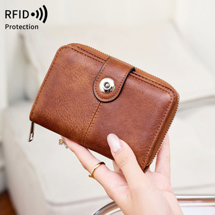 跨境新款 RFID女士钱包多卡位拉链搭扣零钱包欧美复古时尚 短款