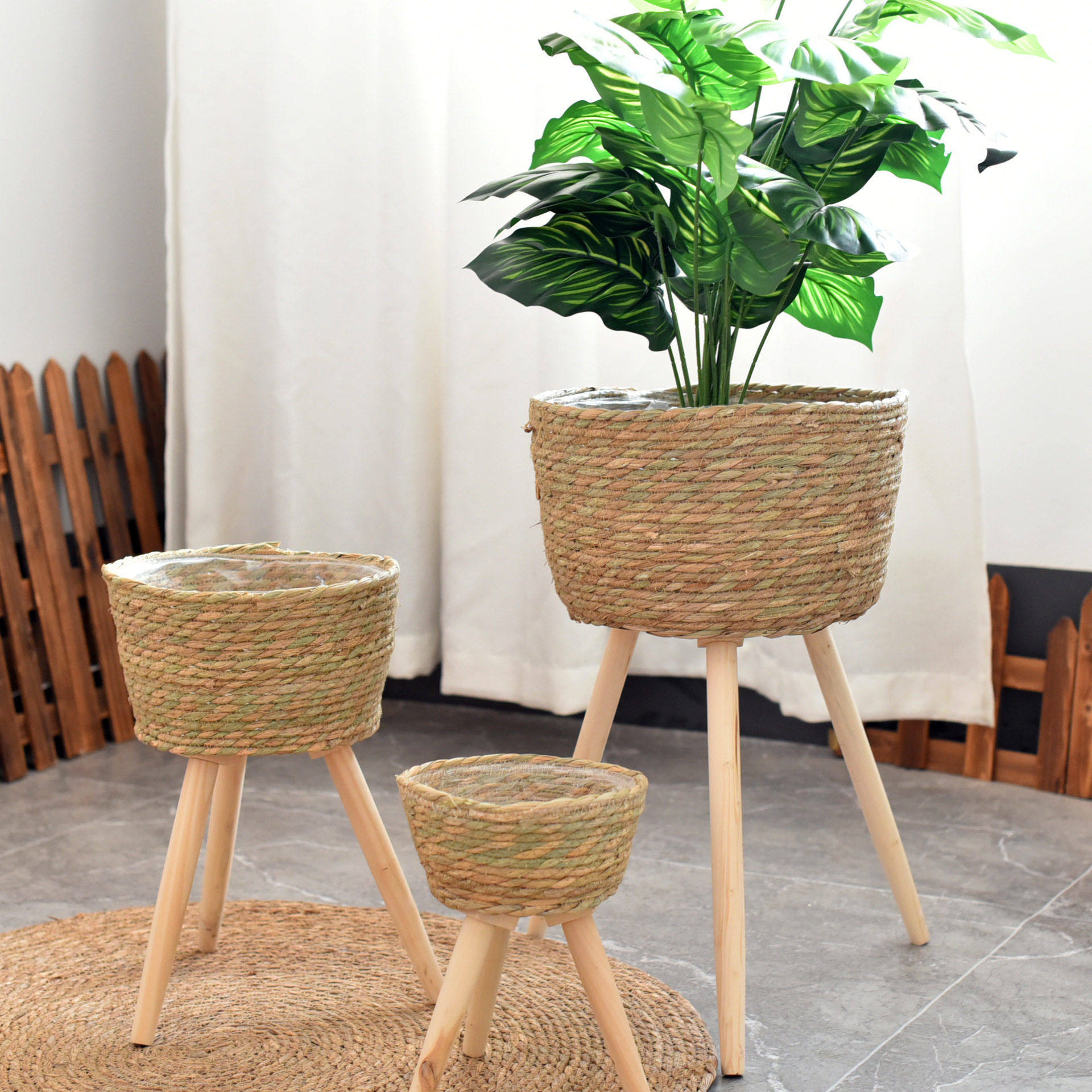 北欧风客厅花篮花架藤编花盆阳台花架编织草编篮子摆件实木花盆花,家居饰品,户外/庭院摆件,淘宝优惠券,粉丝福利购,淘宝优惠卷