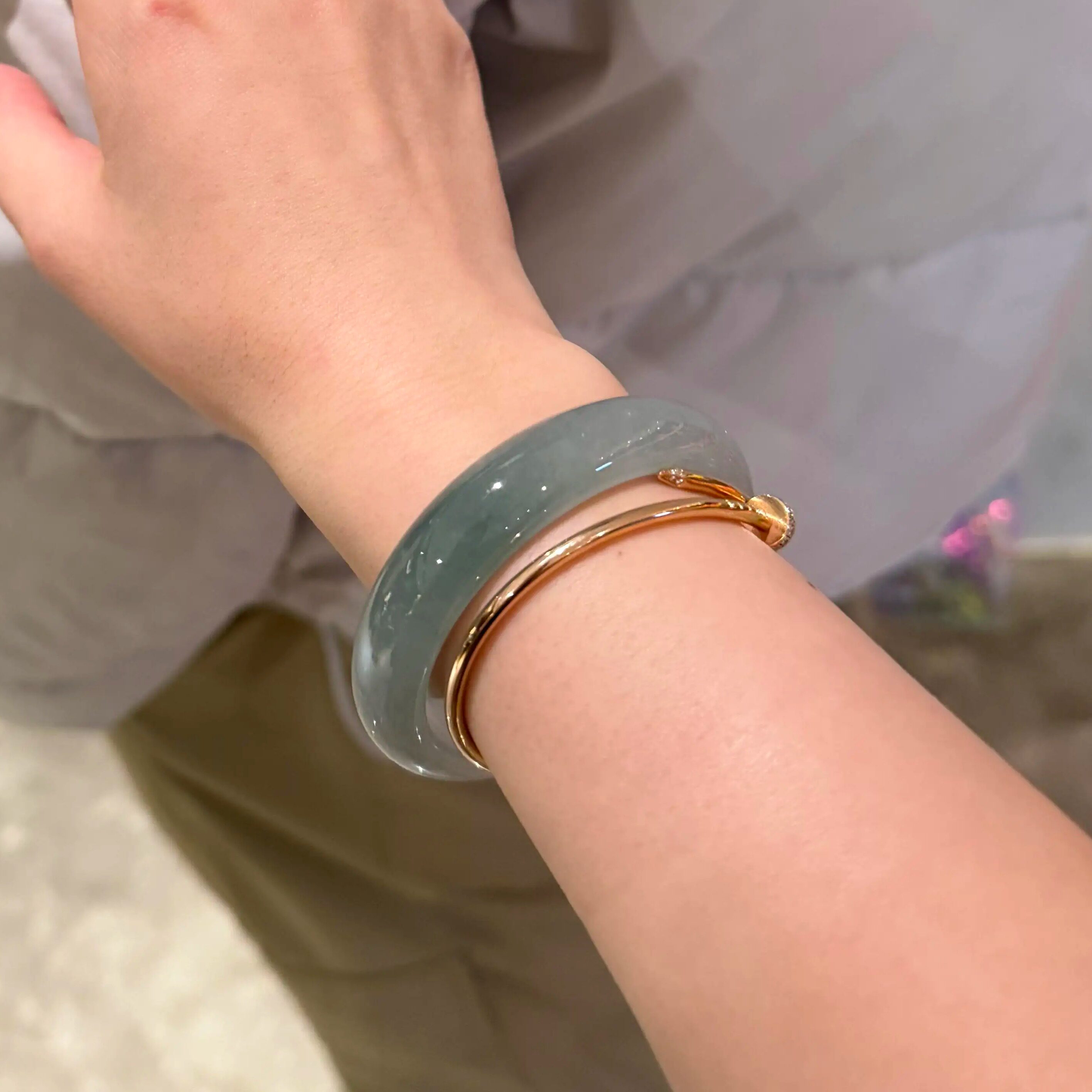 玉长情【丹青系列】高端缅甸正品冰种翡翠油青飘花玉手镯子女处理