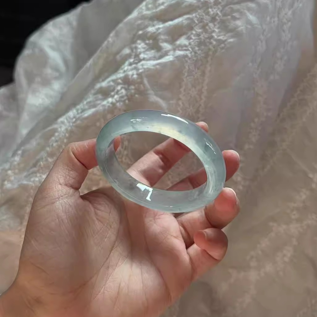 玉长情【湖水系列】缅甸翡翠手镯冰种蓝水真玉手镯子正圈冰透处理