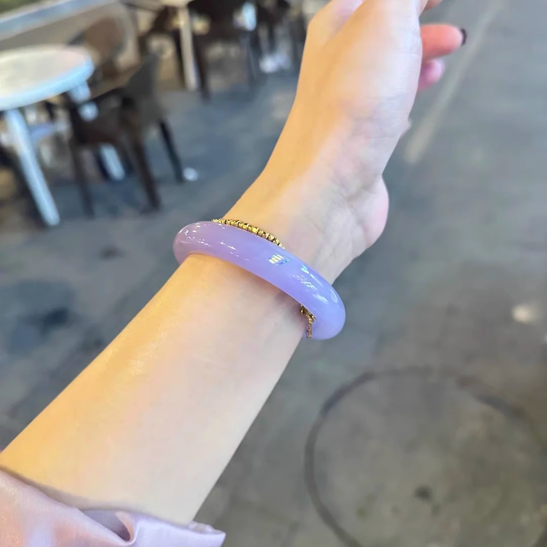 玉长情【如诗系列】高冰种缅甸翡翠手镯子紫罗兰冰透飘花春彩饰品