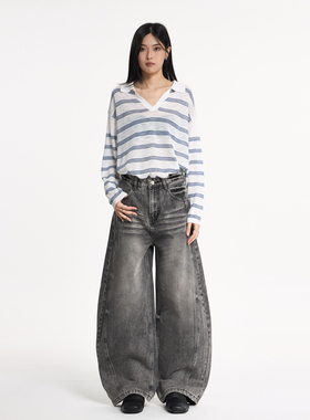 美式复古水洗猫须黑色弯刀牛仔裤中性男女阔腿宽松垂感做旧裤子潮