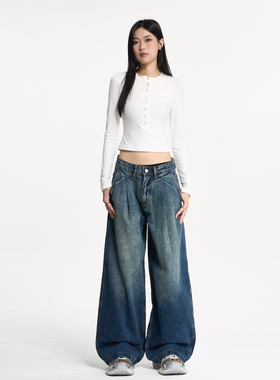 小众高级感折皱拖地牛仔裤男女美式复古vintage直筒宽松阔腿裤子