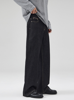 SANDY新款老钱风原黑牛赤耳牛仔裤男直筒宽松A字cleanfit百搭长裤