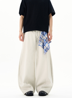 SANDY复古优雅可拆卸格纹方巾弯刀裤男女设计感小众宽松阔腿裤