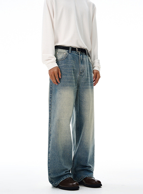 SANDY 美式复古怀旧水洗吊磨牛仔裤男女宽松cleanfit直筒阔腿长裤
