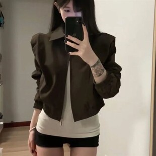 复古翻领拉德夹克上衣 休闲美式 新款 外套拉链百搭棕色短款