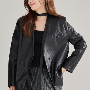 25秋新款 皮衣飘带中长上衣外套女22508 气质通勤V领宽松廓形PU西装
