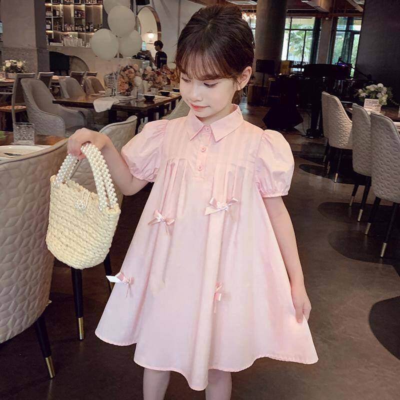 女童宝宝韩版洋气泡泡袖连衣裙中大童夏装时髦蝴蝶结纯色公主裙潮