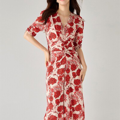 25严选夏新款法式V领泡泡袖收腰松紧抽褶玫瑰印花长款连衣裙22223