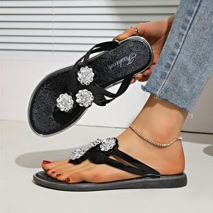 沙滩凉鞋 平底三朵花带钻夹脚夹板鞋 女 夏季 外贸人字拖女士外穿拖鞋
