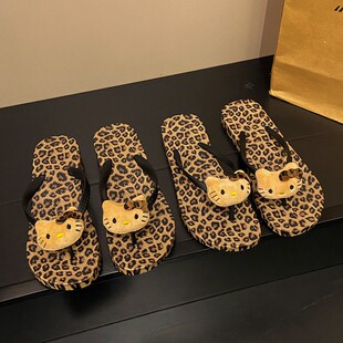 海边外穿凉拖鞋 夹脚轻便沙滩鞋 辣妹豹纹kitty人字拖女夹板鞋 新款