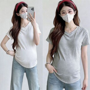 新款 孕妇装 纯色T恤夏季 V领短袖 宽松遮肚子显瘦百搭潮T恤 网红爆款