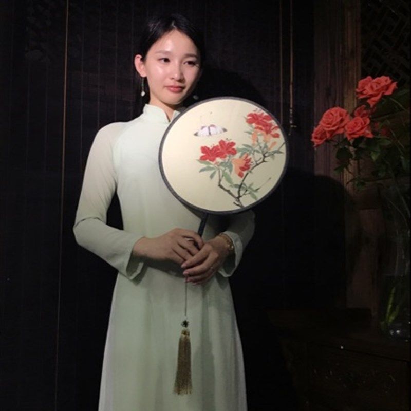 安堂红木玉竹老工艺腰圆圆形苏工宫扇送礼盒红木支架扇坠绘画书法