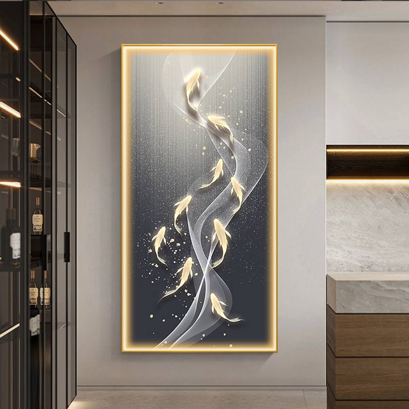九鱼图入户玄关装饰画灯画现代轻奢客厅走廊过道壁画高档抽象挂画图片