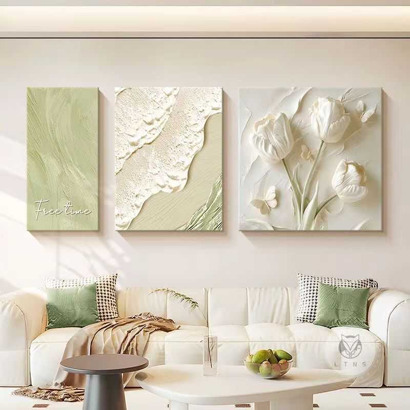花卉奶油立体浮雕感客厅装饰画简约沙发背景墙肌理挂画三联画图片