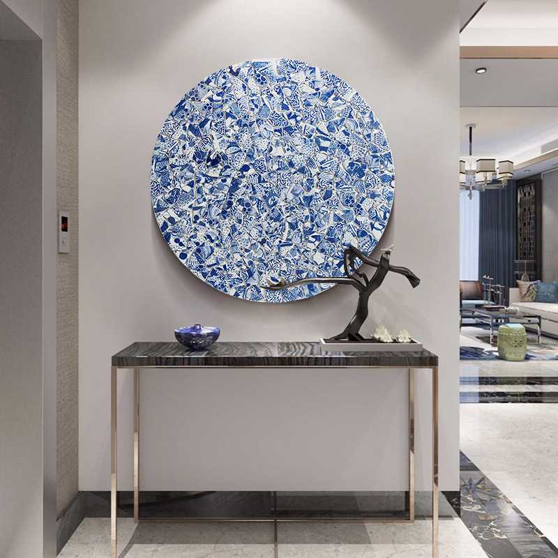 新中式入户玄关青花瓷装饰画客厅沙发背景墙立体挂画圆形创意壁画图片