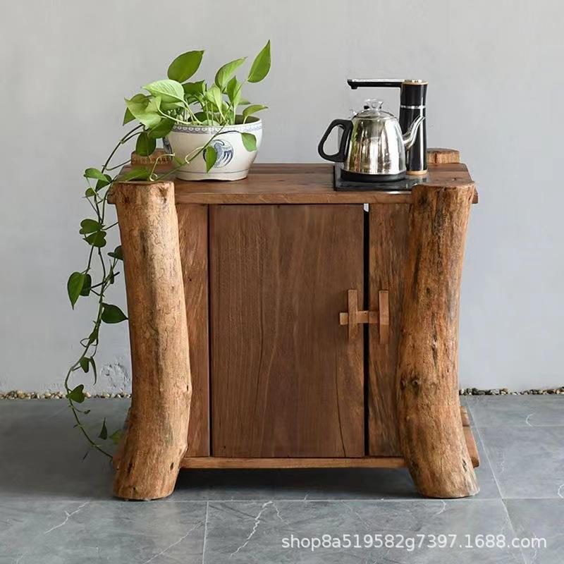 新中式老榆木茶水柜做旧老门板餐边柜落地实木阳台柜子装饰博古架