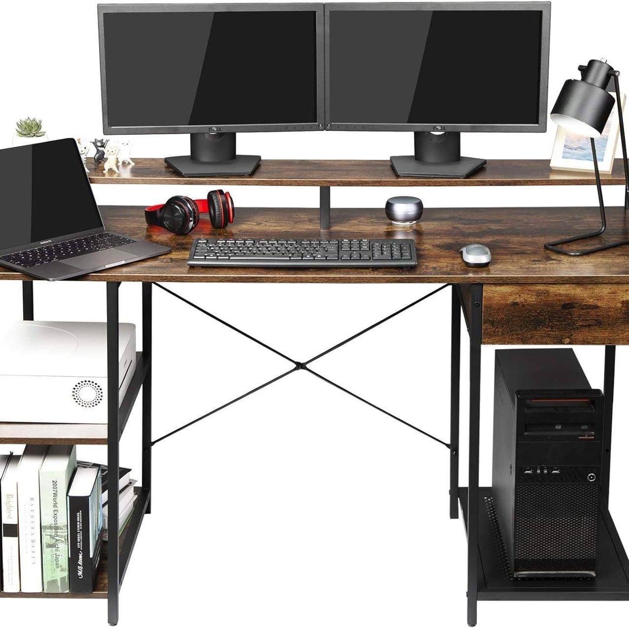 显示器支架+两块隔板+1个抽屉虎皮色电脑桌