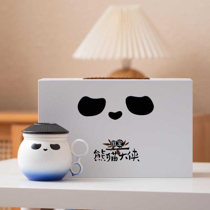 马克杯熊猫大侠办公杯陶瓷茶水分离泡茶杯家用过滤带盖喝茶杯子
