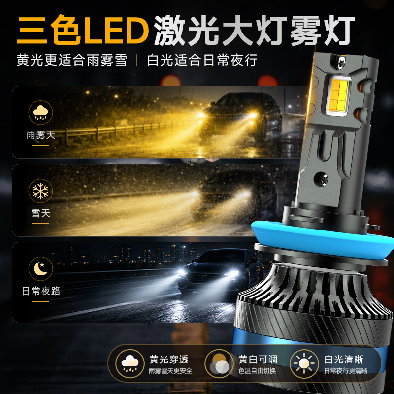 智能三色LED汽车大灯雾灯黄金光图片