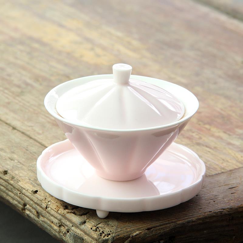 淡粉色斗笠盖碗茶杯陶瓷功夫茶具三才茶碗家用泡茶器女士小号盖碗