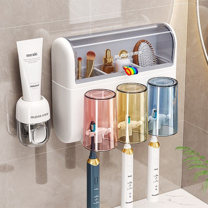 佳帮手三人牙刷置物架免打孔壁挂式电动放漱口杯牙膏收纳防尘架子