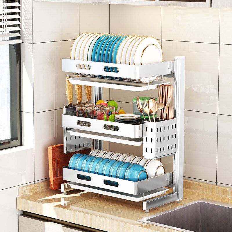 太空铝碗架厨房置物架水槽边三层放碗筷沥水架台面小型碗盘收纳架