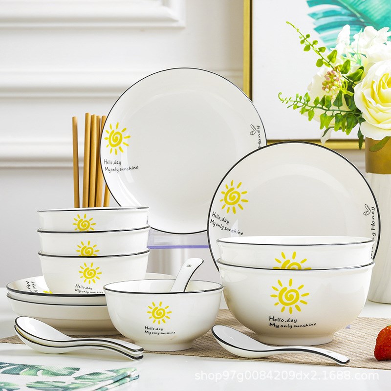 家用2-4人碗盘碟套装陶瓷餐z具汤碗勺筷盘泡面碗组合盘子可微波炉