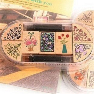 韩国热卖 彩h色角花卉印章套A1 印台笔古典木质印章