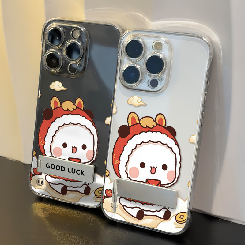 苹果13无边框硬17ProMax卡通带支架12超薄16苹果15PLUS适用iPhone14透明红米TURBO5新年一二布布高级感手机壳