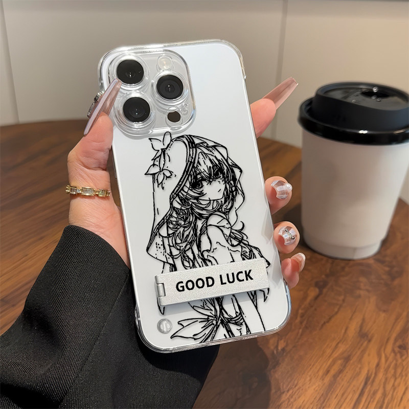 线稿守岸人卡通适用iPhone16e高级感13无边框硬超薄15plus透明苹果14手机壳带支架12ProMax动漫红米TURBO4PRO