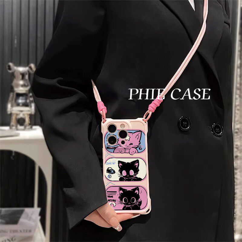 黑粉甜酷小猫OPPOFindx9斜挎手腕挂绳17ProMax适用iPhone14防摔15手机壳软12四角开孔13透明苹果16plus少女心