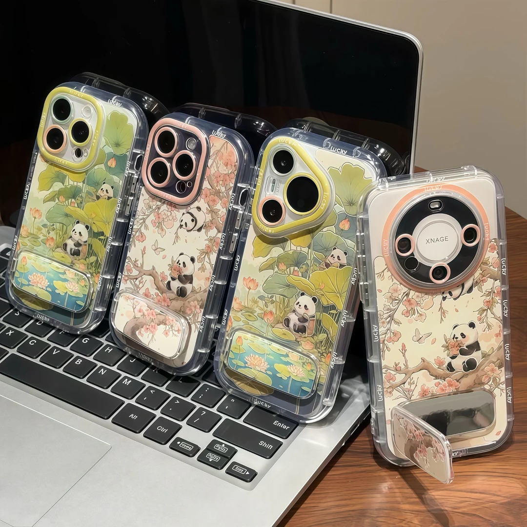 12ProMax羽纱泡芙软手机壳ins风iPhone13高级感苹果15带镜子支架16plus荷花熊猫适用华为Nova14创意VIVOx200s