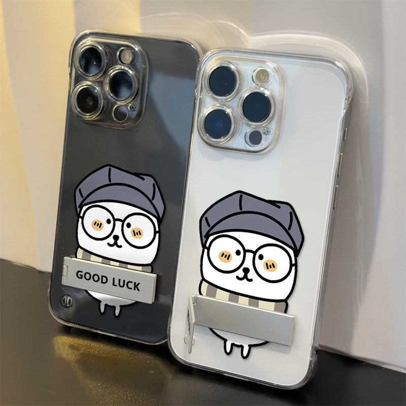 16PLUS透明硬12卡通苹果13高级感17ProMax超薄适用可爱方大同自嘲熊iPhone15手机壳带支架14无边框OPPOFINDX9