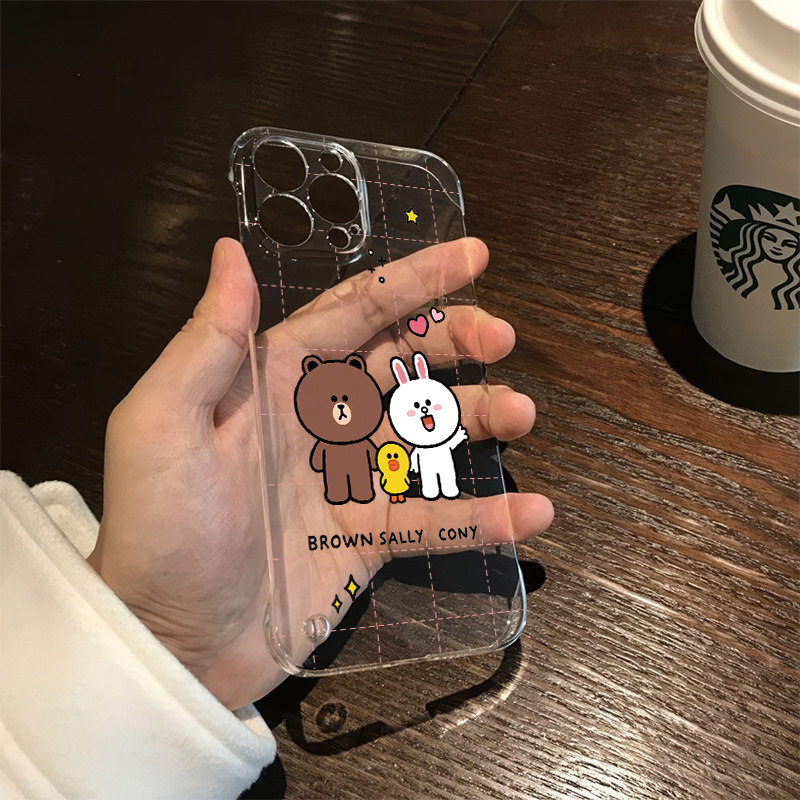 iPhone14plus伙伴布朗熊小米15无边框硬OPPOk11x适用iQOOz9透明12ProMax超薄13手机壳带支架苹果16高级感可爱