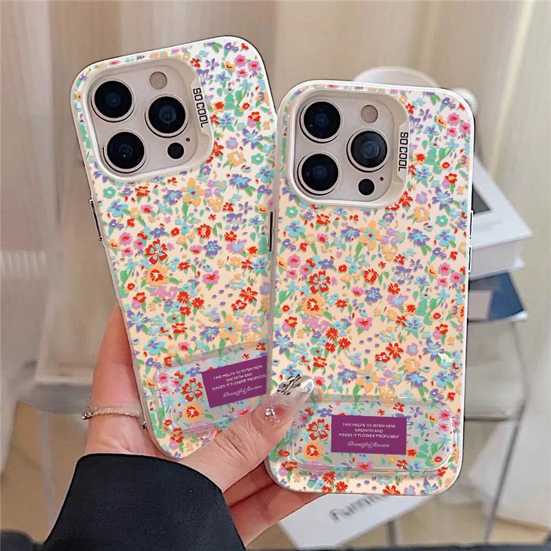 苹果16彩银硬小米14红米k80至尊版iPhone12带镜子支架15plus手机壳X200S满屏碎花适用ins风13ProMax高级感s30