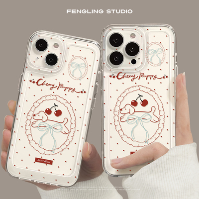 16ProMax樱桃小狗12适用红米NOTE14Pro+手机壳ins风OPPOFINDX8透明软iPhone13华为Pura70小清新iQOOZ9X苹果15
