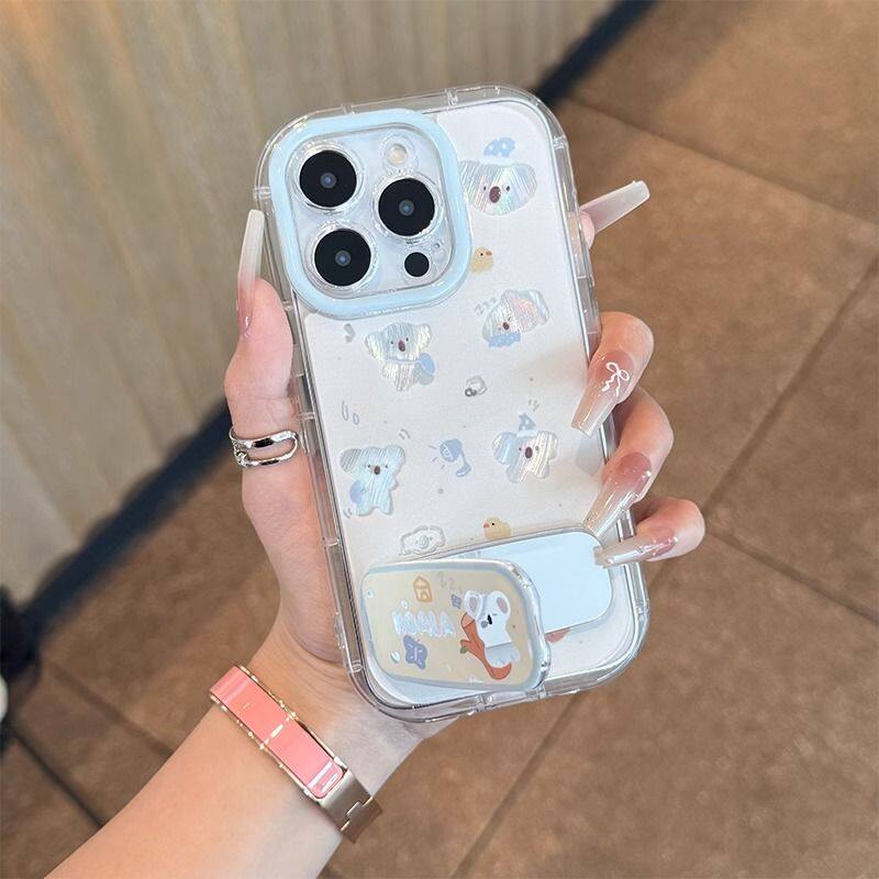 OPPOFINDX8S羽纱泡芙手机壳iPhone15满屏考拉带镜子支架14PLUS软创意Nova13高级感适用12ProMax苹果16卡通s30