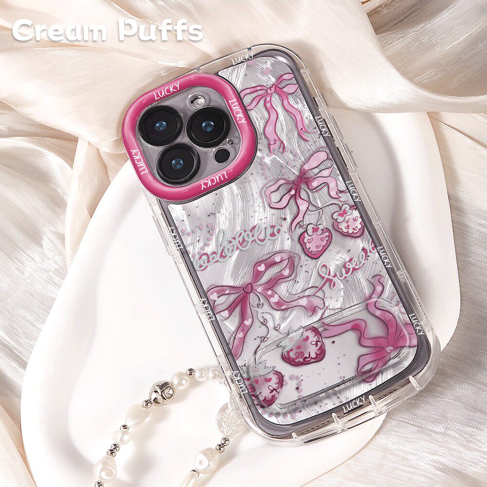 小清新17ProMax少女心蝴蝶结iPhone16带挂绳荣耀MAGIC8ins风15手机壳软红米note14镜子支架苹果13适用荣耀400