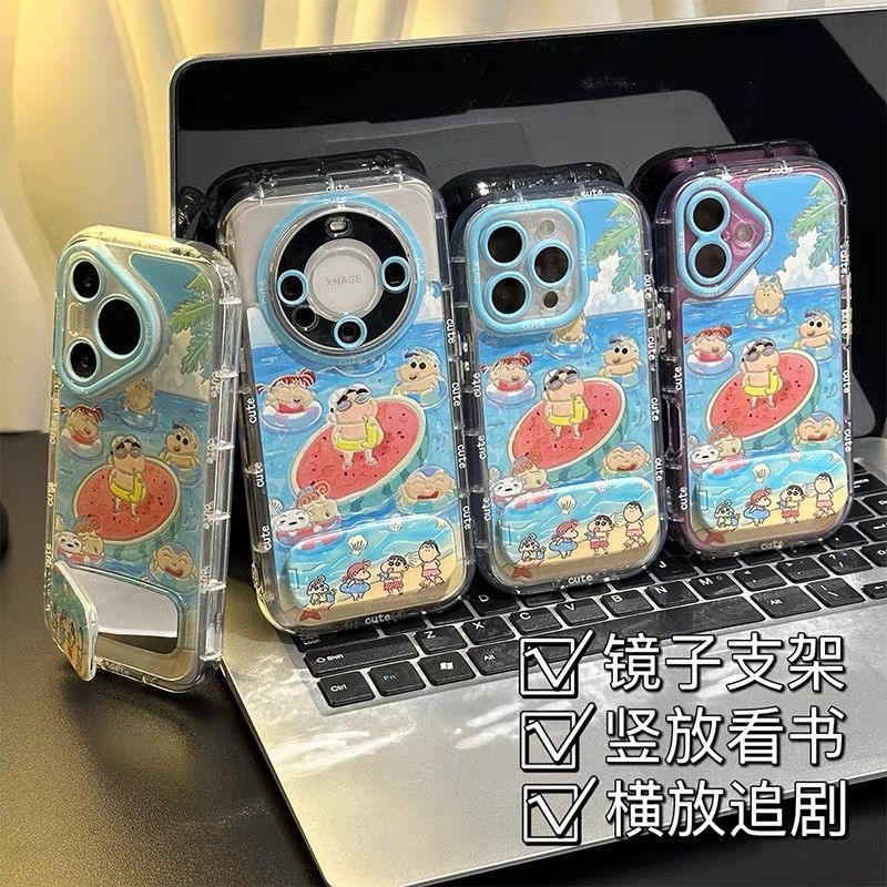 夏日西瓜小新13ProMax高级感适用软苹果16PLUS可爱手机壳iPhone12小米15带镜子支架ins风Nova14卡通VIVOX200S