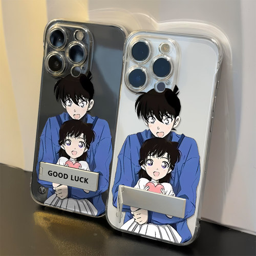 适用超薄iPhone16卡通13ProMax爱心柯南小兰情侣VIVOx300手机壳带支架12苹果17透明OPPOReno15硬无边框14PLUS